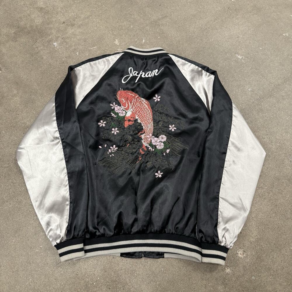Sukajan Koi Fish Embroidered Japanese Souvenir Jacket Snap Mens Medium Black